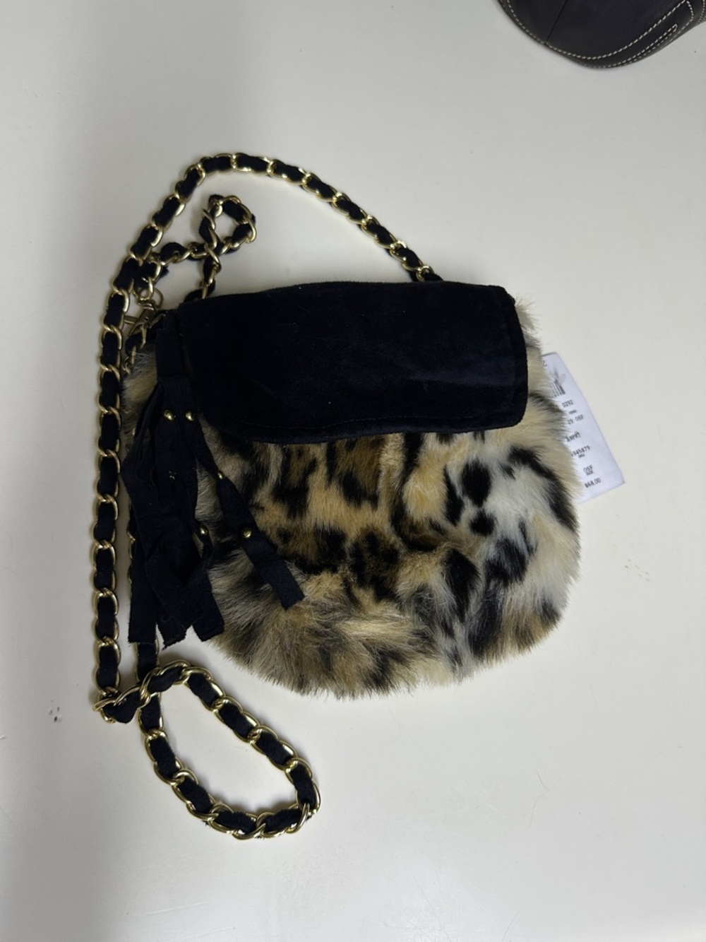 Caché Faux Fur Leopard-Print Crossbody Bag with Black Suede Flap